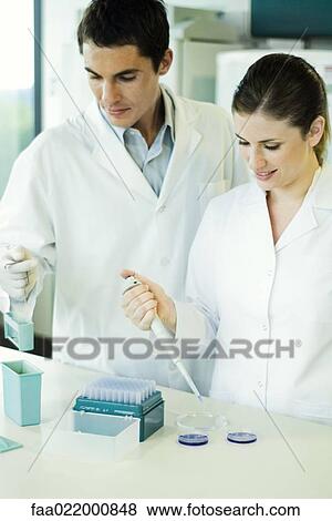 Stock Photo - Female lab worker dropping solution into Petri dish, standing next to male colleague. Fotosearch