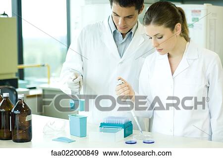 Stock Photo - Female lab worker dropping solution into Petri dish, standing next to male colleague. Fotosearch