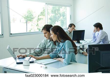 Picture - Male and female colleagues working on laptop together. Fotosearch