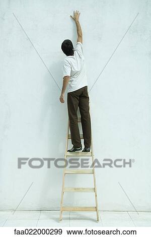Man standing on ladder, arm raised, rear view View Large Photo Image Stock Photo - Man standing on ladder, arm raised, rear view. Fotosearch