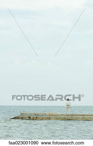 Stock Image - Man standing on pier, looking up, carrying laptop, rear view. Fotosearch