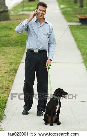 Man walking dog on sidewalk, using cell phone View Large Photo Image Stock Photography - Man walking dog on sidewalk, using cell phone. Fotosearch