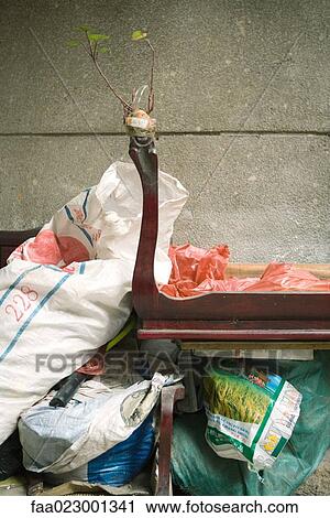 Stock Image - Root cutting attached to upside down wooden table. Fotosearch