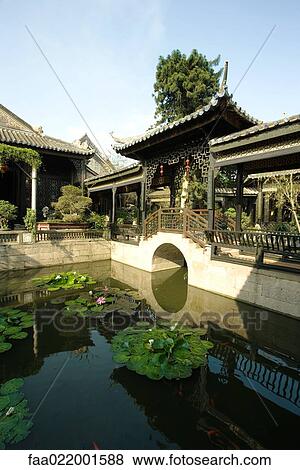 Water lily pond in temple courtyard, Guangdong province, China View Large Photo Image Stock Photo - Water lily pond in temple courtyard, Guangdong province, China. Fotosearch
