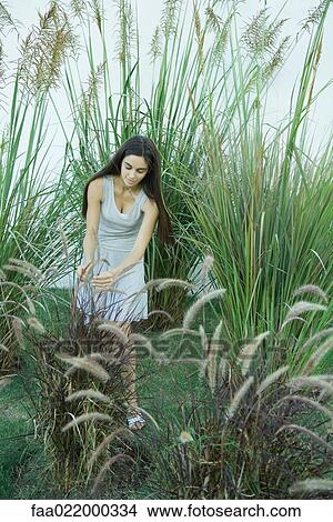 Woman standing in ornamental garden, bending over, looking at foliage View Large Photo Image Picture - Woman standing in ornamental garden, bending over, looking at foliage. Fotosearch
