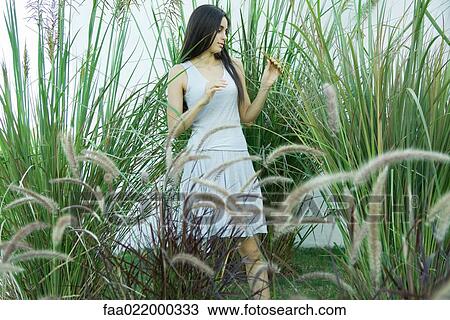 Woman standing in ornamental garden, looking at foliage View Large Photo Image Stock Image - Woman standing in ornamental garden, looking at foliage. Fotosearch