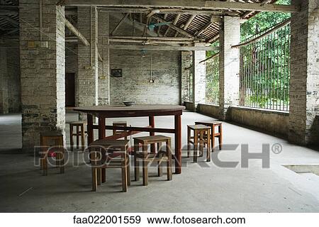 Wooden table and stools in temple's outdoor dining area View Large Photo Image Stock Photo - Wooden table and stools in temple's outdoor dining area. Fotosearch