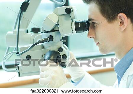 Young male scientist looking through microscope View Large Photo Image Stock Image - Young male scientist looking through microscope. Fotosearch