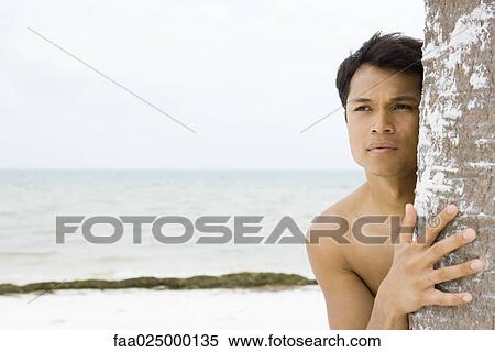 Barechested man at the beach, looking around tree trunk View Large Photo Image Stock Photography - Barechested man at the beach, looking around tree trunk. Fotosearch