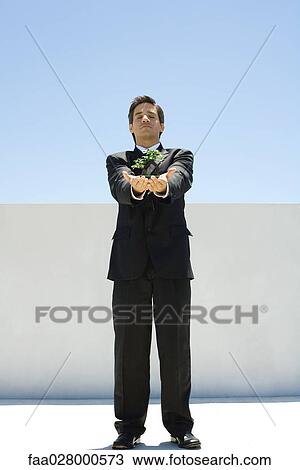 Businessman standing holding out bonsai in hands, eyes closed View Large Photo Image Stock Image - Businessman standing holding out bonsai in hands, eyes closed. Fotosearch