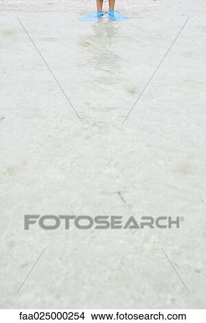 Picture - Child wearing flippers, standing ankle deep in water, cropped view of feet. Fotosearch