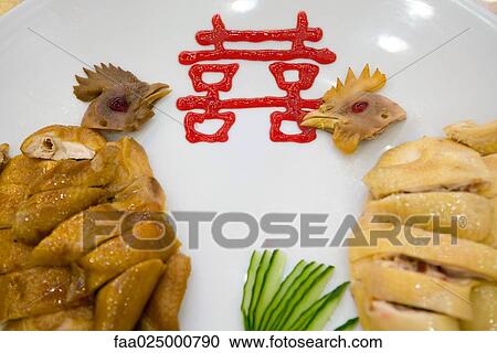Close-up of cooked chickens on plate with Chinese ideogram View Large Photo Image Stock Image - Close-up of cooked chickens on plate with Chinese ideogram. Fotosearch