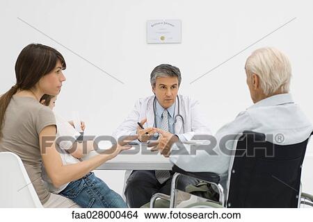 Doctor sitting at desk, having discussion with senior patient and his family View Large Photo Image Picture - Doctor sitting at desk, having discussion with senior patient and his family. Fotosearch