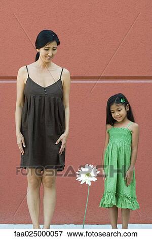 Girl and woman looking down at tall flower View Large Photo Image Stock Photo - Girl and woman looking down at tall flower. Fotosearch