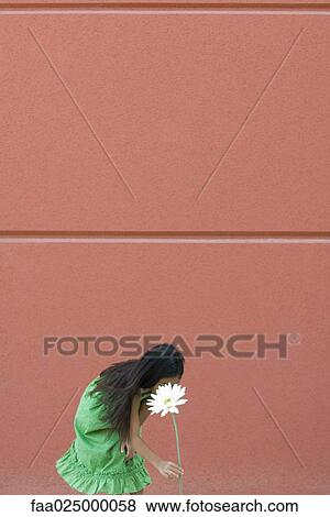 Girl bending over to pick tall flower View Large Photo Image Stock Photo - Girl bending over to pick tall flower. Fotosearch