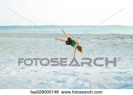 Little girl doing cartwheel at the beach, rear view View Large Photo Image Stock Photograph - Little girl doing cartwheel at the beach, rear view. Fotosearch