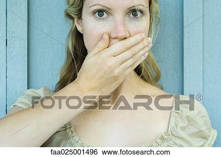 looking at camera, close-up, woman, hands covering mouth, wide eyes, young women, denial View Large Photo Image Stock Photograph - looking at camera, close-up, woman, hands covering mouth, wide eyes, young women, denial. Fotosearch