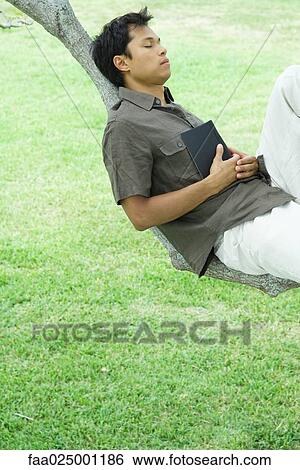 Man resting on tree branch with eyes closed, holding book View Large Photo Image Stock Photograph - Man resting on tree branch with eyes closed, holding book. Fotosearch