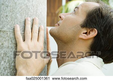 Man touching tree trunk, looking up, profile View Large Photo Image Stock Image - Man touching tree trunk, looking up, profile. Fotosearch