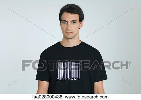 Man wearing tee-shirt with bar code, portrait View Large Photo Image Stock Photograph - Man wearing tee-shirt with bar code, portrait. Fotosearch