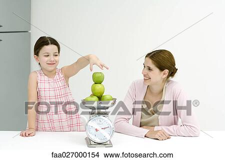 Mother and daughter stacking apples on scale, both smiling View Large Photo Image Picture - Mother and daughter stacking apples on scale, both smiling. Fotosearch