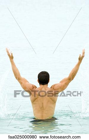Muscular man raising arms out of water, rear view View Large Photo Image Stock Image - Muscular man raising arms out of water, rear view. Fotosearch