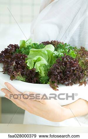 Stock Photo - Woman holding large bowl of salad, cropped view. Fotosearch