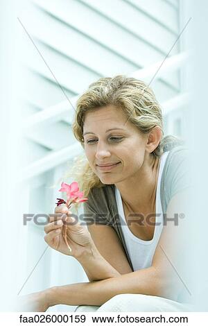 Woman looking down at flower in hand, smiling View Large Photo Image Stock Photo - Woman looking down at flower in hand, smiling. Fotosearch