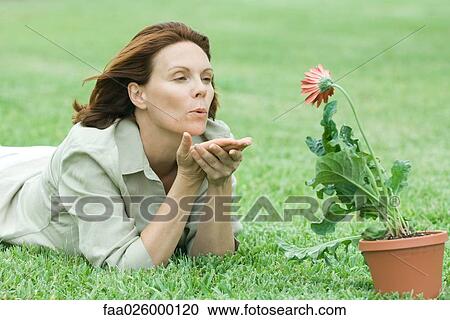 Woman lying on grass, blowing kiss at gerbera daisy View Large Photo Image Stock Image - Woman lying on grass, blowing kiss at gerbera daisy. Fotosearch