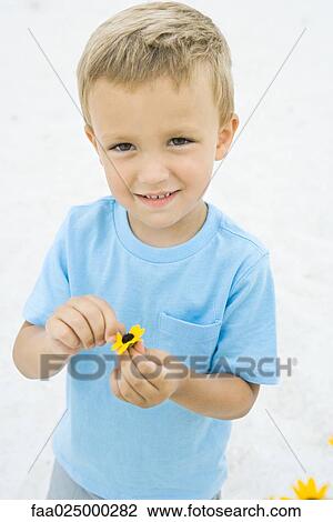 Young boy holding flower, smiling up at camera, portrait View Large Photo Image Stock Image - Young boy holding flower, smiling up at camera, portrait. Fotosearch