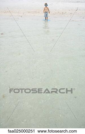Young boy in swimming mask and flippers, standing ankle deep in water, mid-distance View Large Photo Image Stock Image - Young boy in swimming mask and flippers, standing ankle deep in water, mid-distance. Fotosearch