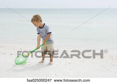 Stock Photo - Young boy standing at the beach, picking up ball with net. Fotosearch