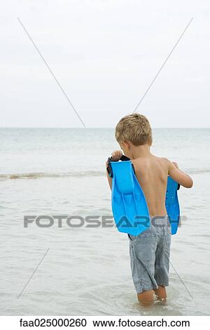 Young boy standing knee deep in water, carrying flippers, rear view View Large Photo Image Stock Image - Young boy standing knee deep in water, carrying flippers, rear view. Fotosearch