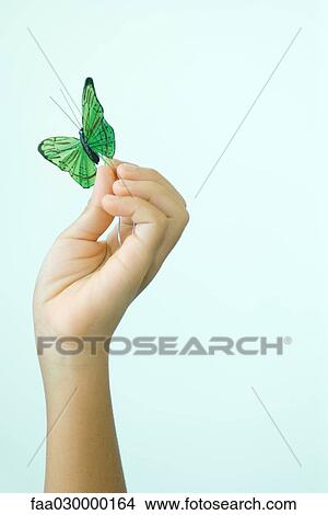 Picture - Child's hand holding fake butterfly. Fotosearch