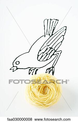 Drawing of bird carrying real nest of pasta View Large Photo Image Stock Photo - Drawing of bird carrying real nest of pasta. Fotosearch