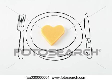 Heart-shaped cheese on drawing of plate View Large Photo Image Picture - Heart-shaped cheese on drawing of plate. Fotosearch