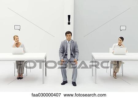 Stock Photo - Man sitting in office with exclamation mark over his head, women on either side with blank word bubbles. Fotosearch