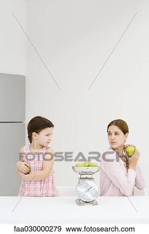 Stock Photo - Mother and daughter weighing apples on scale, each holding apple and frowning over shoulder at one another. Fotosearch