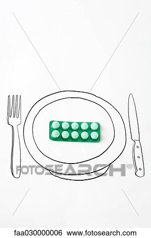 Real pack of pills on drawing of plate View Large Photo Image Stock Photograph - Real pack of pills on drawing of plate. Fotosearch