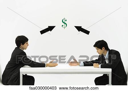 Two businessmen face to face, reaching to shake hands, dollar sign and arrows between them View Large Photo Image Stock Image - Two businessmen face to face, reaching to shake hands, dollar sign and arrows between them. Fotosearch