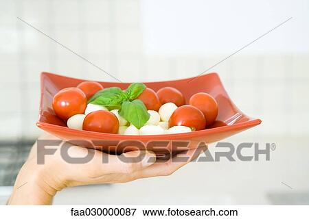 Woman's hand holding plate of tomato mozzarella salad View Large Photo Image Stock Photo - Woman's hand holding plate of tomato mozzarella salad. Fotosearch