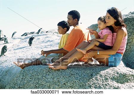 Stock Image - Family sitting on rocks, looking at penguins. Fotosearch