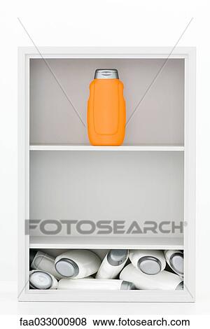 Stock Photo - Bottles in medicine cabinet, many white bottles in a mess on the bottom, one orange bottle standing on top shelf. Fotosearch