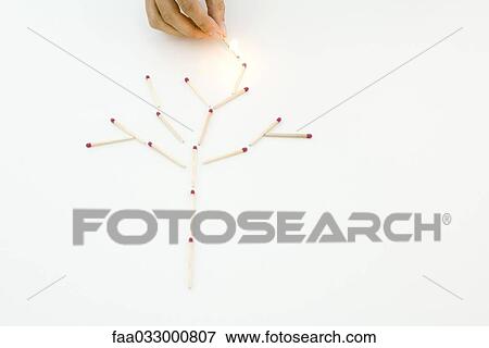 Stock Photo - Hand holding a lit match, igniting matches arranged in a tree pattern. Fotosearch