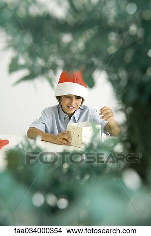 Picture - Boy wearing Santa hat, opening gift, viewed through branches of Christmas tree. Fotosearch