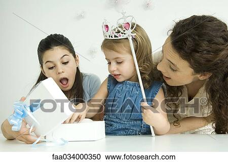 Little girl opening birthday present, mother and sister watching View Large Photo Image Stock Image - Little girl opening birthday present, mother and sister watching. Fotosearch