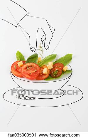 Drawing of hand sprinkling seasonings on salad View Large Photo Image Stock Image - Drawing of hand sprinkling seasonings on salad. Fotosearch