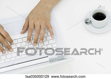 Hands typing on laptop, high angle view View Large Photo Image Stock Photo - Hands typing on laptop, high angle view. Fotosearch