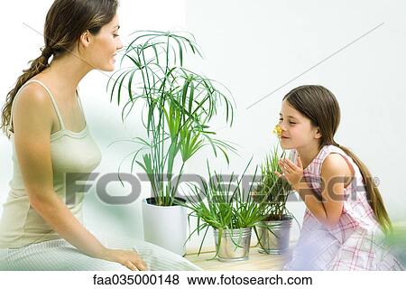 Stock Photo - Mother and daughter sitting with potted plants, girl smelling flower, eyes closed. Fotosearch