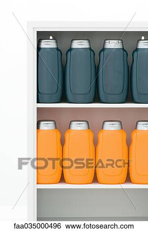 Stock Photograph - Plastic bottles lined up on shelves. Fotosearch